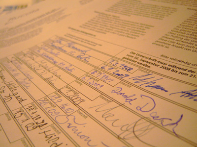 Ein »korrekt« ausgefüllter Unterschriftenbogen für »Pro Reli«