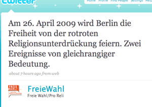 »Pro Reli«-Tweet vom 19.3.2008 zu sich selbst.